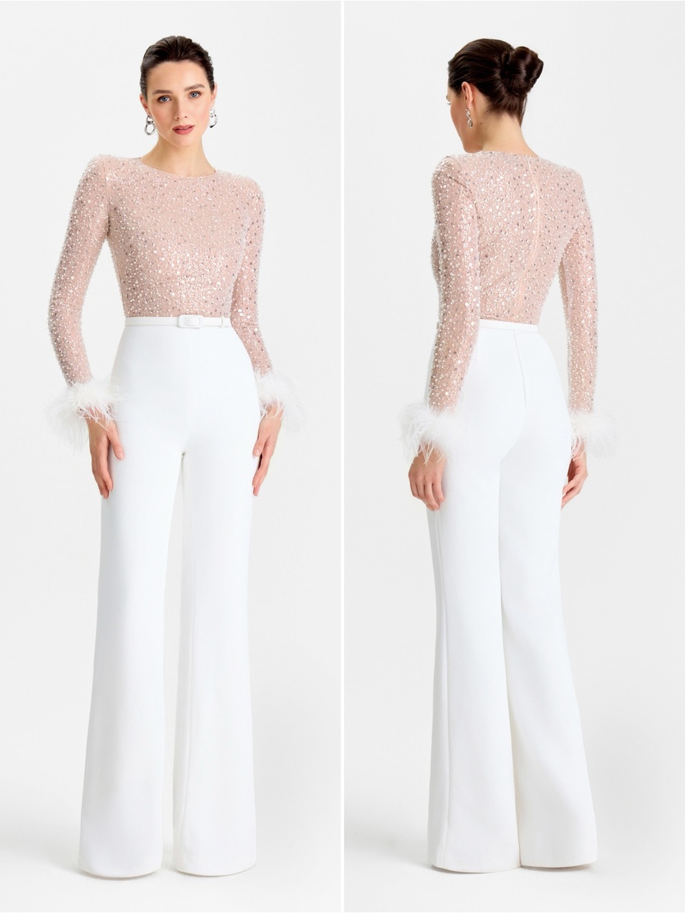Nadine Merabi Amelia White Sequin Feather Cuff Jumpsuit Size M NWT